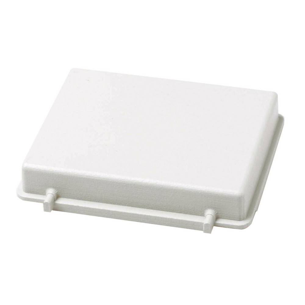 Ein rechteckiger, weißer, geschlossener Deckel für Kunststoff-Lebensmittelbehälter mit zwei kleinen Laschen an den Seitenkanten.