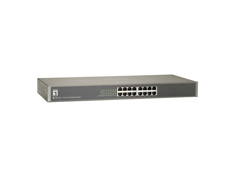 Ein 24-Port-Netzwerkswitch mit Anzeigenleuchten auf der Frontplatte, der zur Verbindung mehrerer Geräte innerhalb eines lokalen Netzwerks verwendet wird.