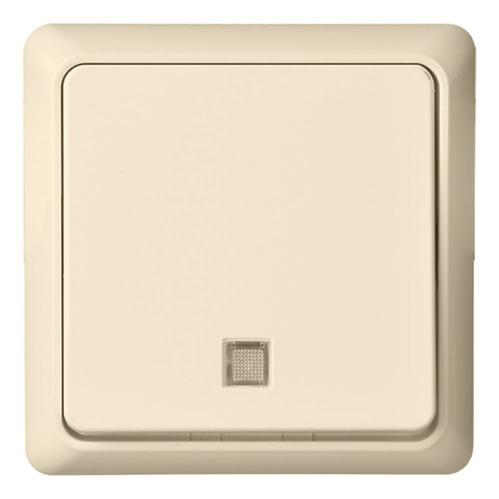 Ein beige-farbener, quadratischer Lichtschalter mit einem kleinen Indikatorlicht in der unteren Mitte. Der Schalter befindet sich in der Aus-Position.