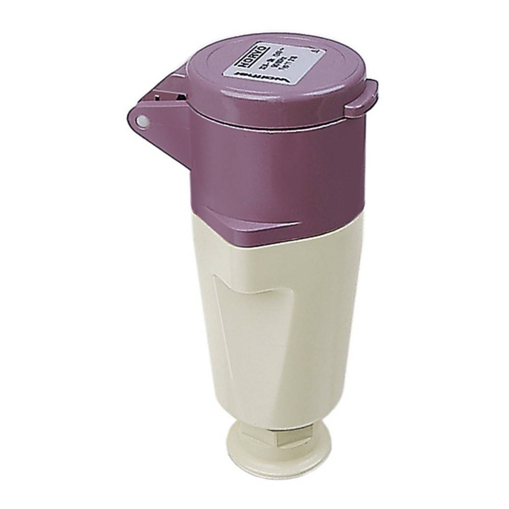 Ein lila und beige farbiger Sensor mit einer zylindrischen Form, der auf der Oberseite ein Etikett mit Text trägt, der auf Spezifikationen oder Modellinformationen hinweist.