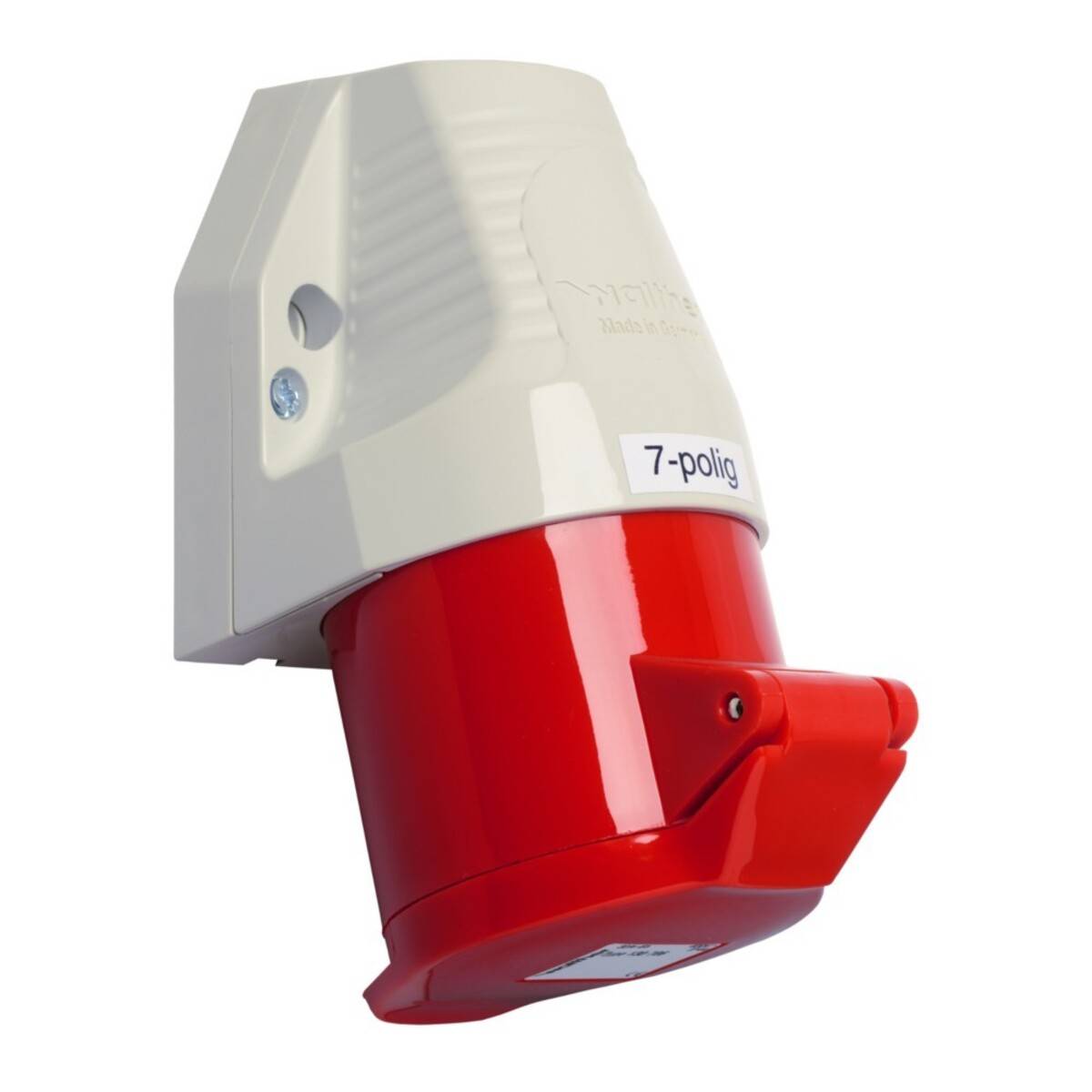 Eine rote industrielle Stromsteckdose mit einem beigen Wandhalter, beschriftet mit '7-polig', zur Verwendung für elektrische Anschlüsse.
