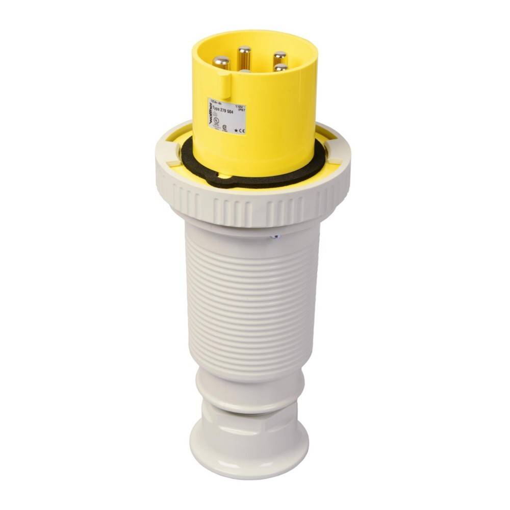 Gelber und weißer industrieller Elektrostecker mit drei Metallanschlüssen und einer verschraubbaren Basis für eine sichere Verbindung.