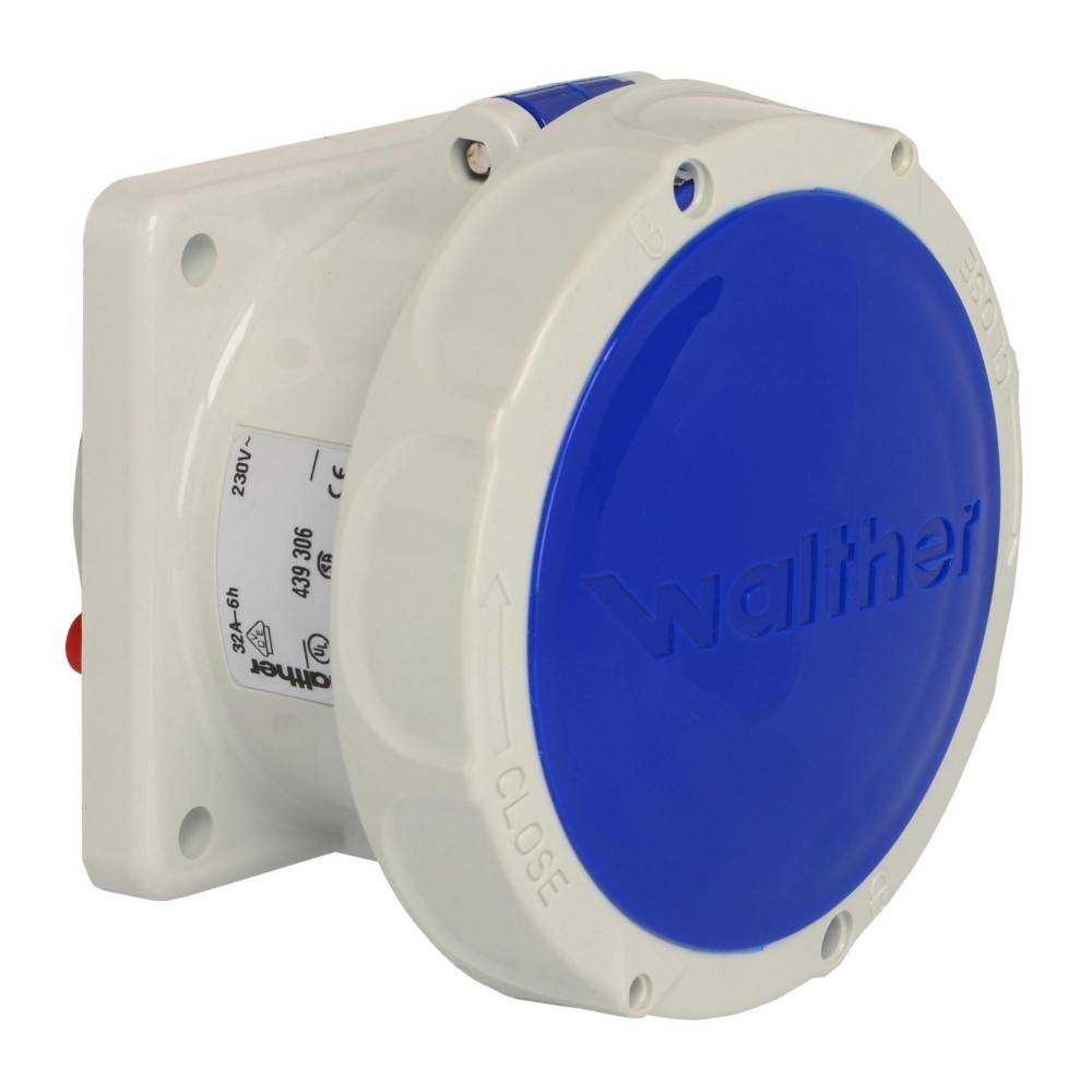 Ein mit der Marke 'Walther' gekennzeichneter runder elektrischer Stecker mit blauer Abdeckung und weißer Basis, auf dessen Seite Spannung und Spezifikationen angegeben sind.