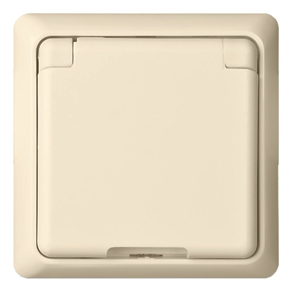 Eine beige, quadratische Steckdosenabdeckung, geeignet für den Außenbereich, mit einer Schutzklappe, an einer Wand montiert.