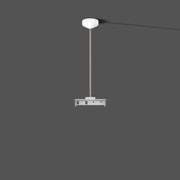 Deckenmontageprojector, der von einer weißen Halterung vor grauem Hintergrund hängt, dargestellt in einem einfachen produktstilisierten Bild.