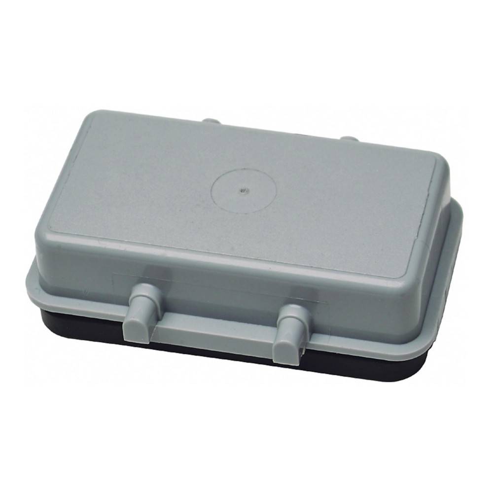 Eine rechteckige, graue Plastikbox mit zwei hervorstehenden Anschlüssen an der Seite. Sie scheint ein Schutzgehäuse zu sein, möglicherweise für elektronische Bauteile.