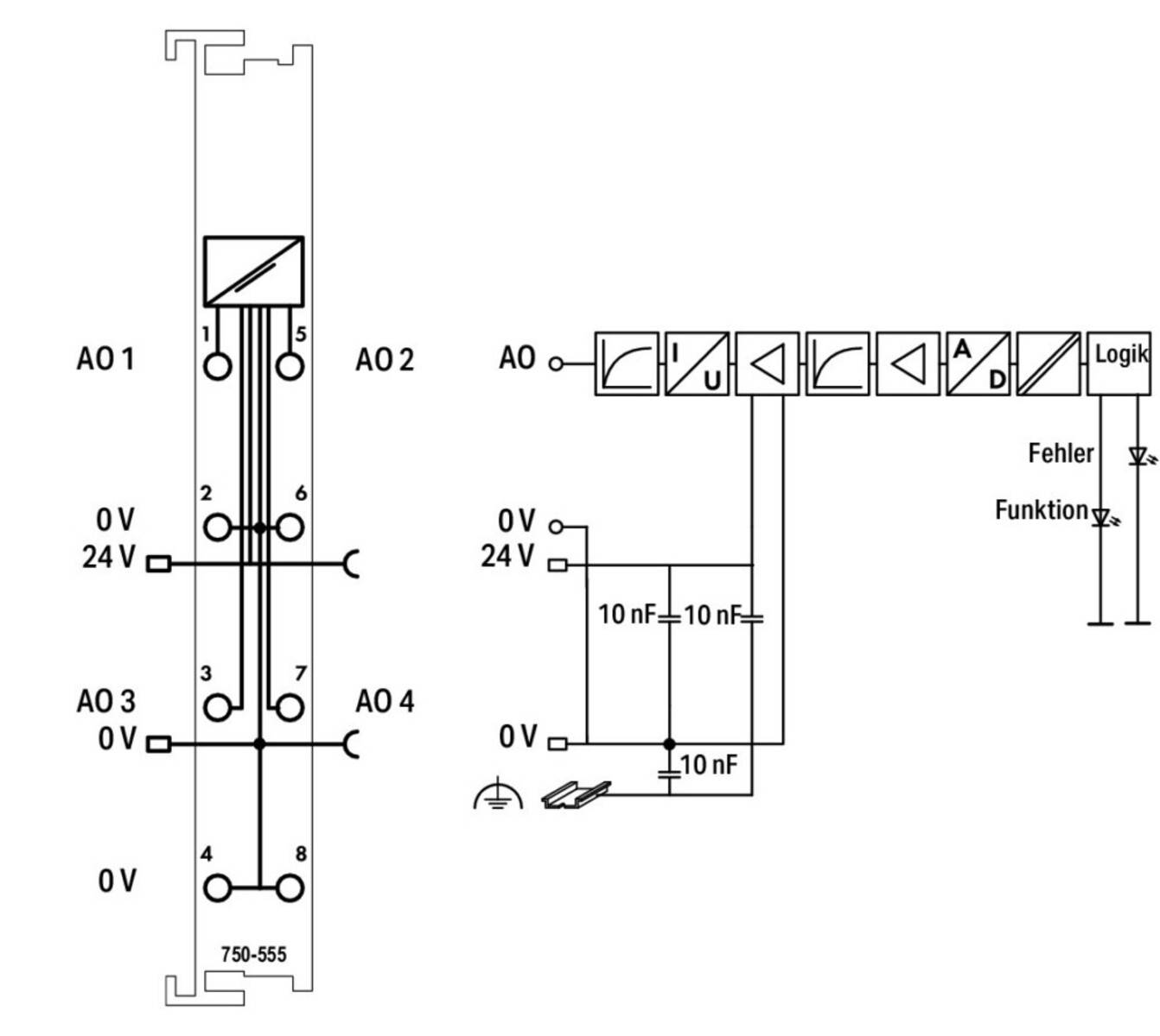 Diagramm einer elektrischen Schaltung mit zwei Abschnitten, beschriftet mit A01, A02, A03 und A04, das Verbindungen, Spannungswerte und Komponenten zeigt.
