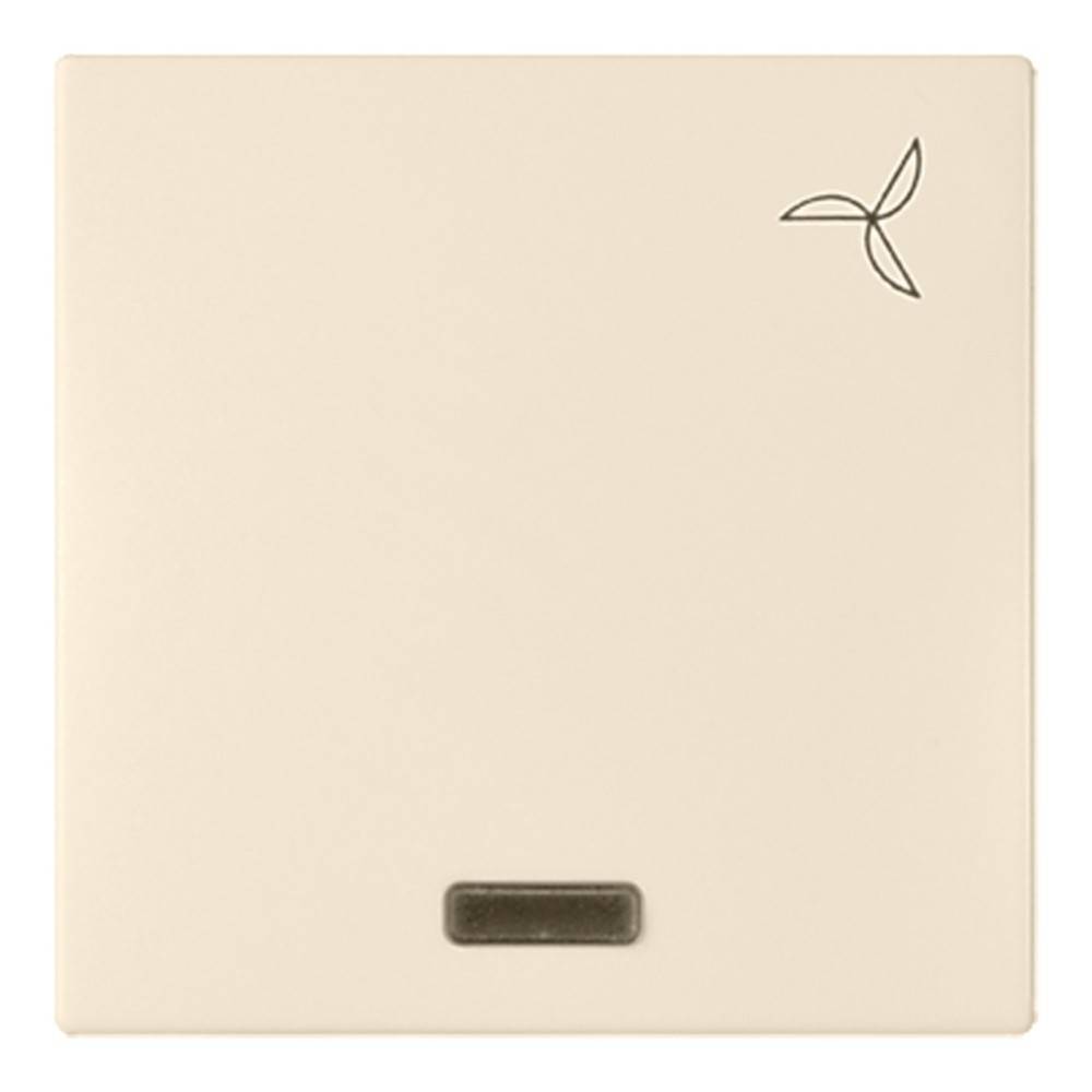Ein beige, quadratischer Elektroschalter mit einem kleinen dreieckigen Logo in der oberen rechten Ecke und einem schwarzen rechteckigen Knopf am unteren Rand.