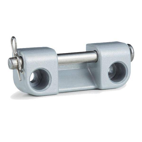 Metallklevisbolzen mit Sicherungsclip, verwendet zum Verbinden von zwei Teilen durch ausgerichtete Bohrungen.
