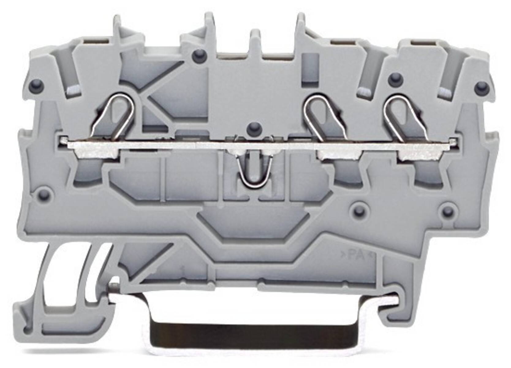 Eine Nahaufnahme eines grauen Elektro-Klemmenblocks, die seine Anschlüsse und Struktur zeigt, verwendet zum Sichern und Befestigen von Kabeln.