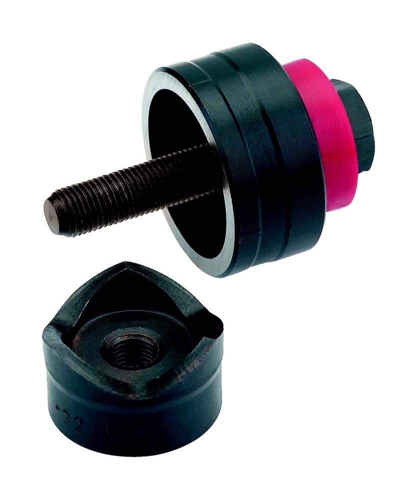 Ein Metalllocheisen mit einem Gewindebolzen und einer kreisförmigen Matrize, das zum Erstellen sauberer Löcher in Blech oder ähnlichen Materialien verwendet wird.