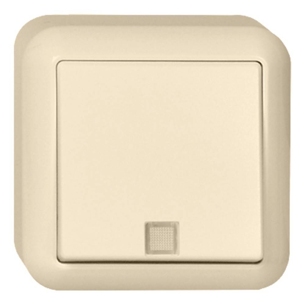 Ein beige Lichtschalter mit einer quadratischen Taste, mittig im Bild positioniert.