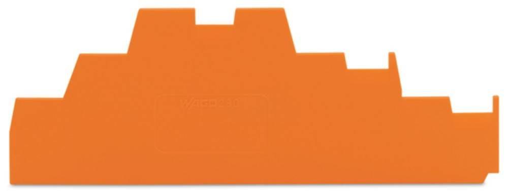 Eine orangefarbene Kunststoffabdeckung mit einem gestuften Profil und dem auf der Oberfläche geprägten Text 'WAGO 280'.