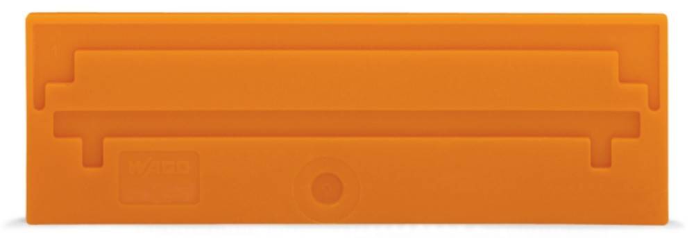 Ein flaches, rechteckiges, hellorangefarbenes Objekt mit zwei horizontalen Rillen nahe dem oberen Rand und einem eingedrückten Kreis in der Nähe der unteren Mitte.
