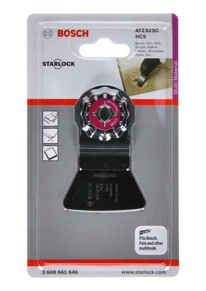 Verpackung eines Starlock Bosch Sägeblatts mit einer dreieckigen Schneidkante, konzipiert für den Einsatz mit verschiedenen Materialien, passend für Bosch, Fein und weitere Geräte.