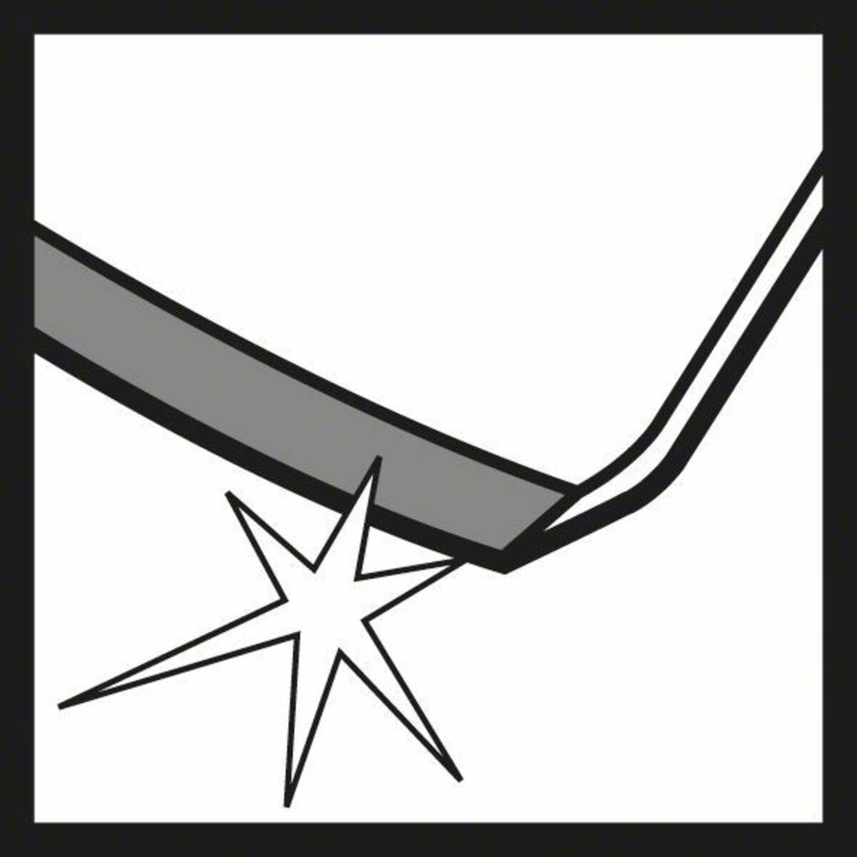 Eine Klinge, die durch ein Objekt schneidet, mit Funkenlinien, die Schärfe oder Schneidaktion andeuten.