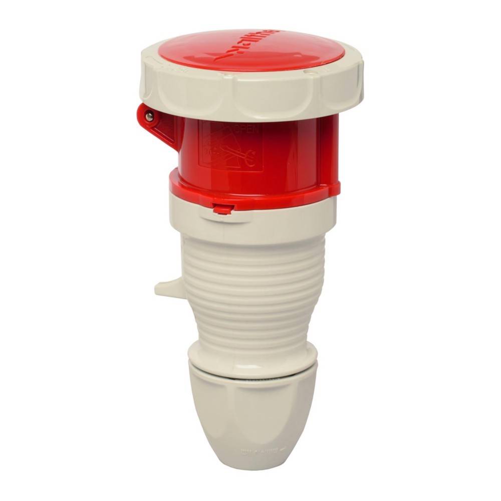 Ein roter und weißer industrieller Steckverbinder mit Verriegelungsmechanismus, der für hochstromfähige elektrische Verbindungen in industriellen Umgebungen verwendet wird.