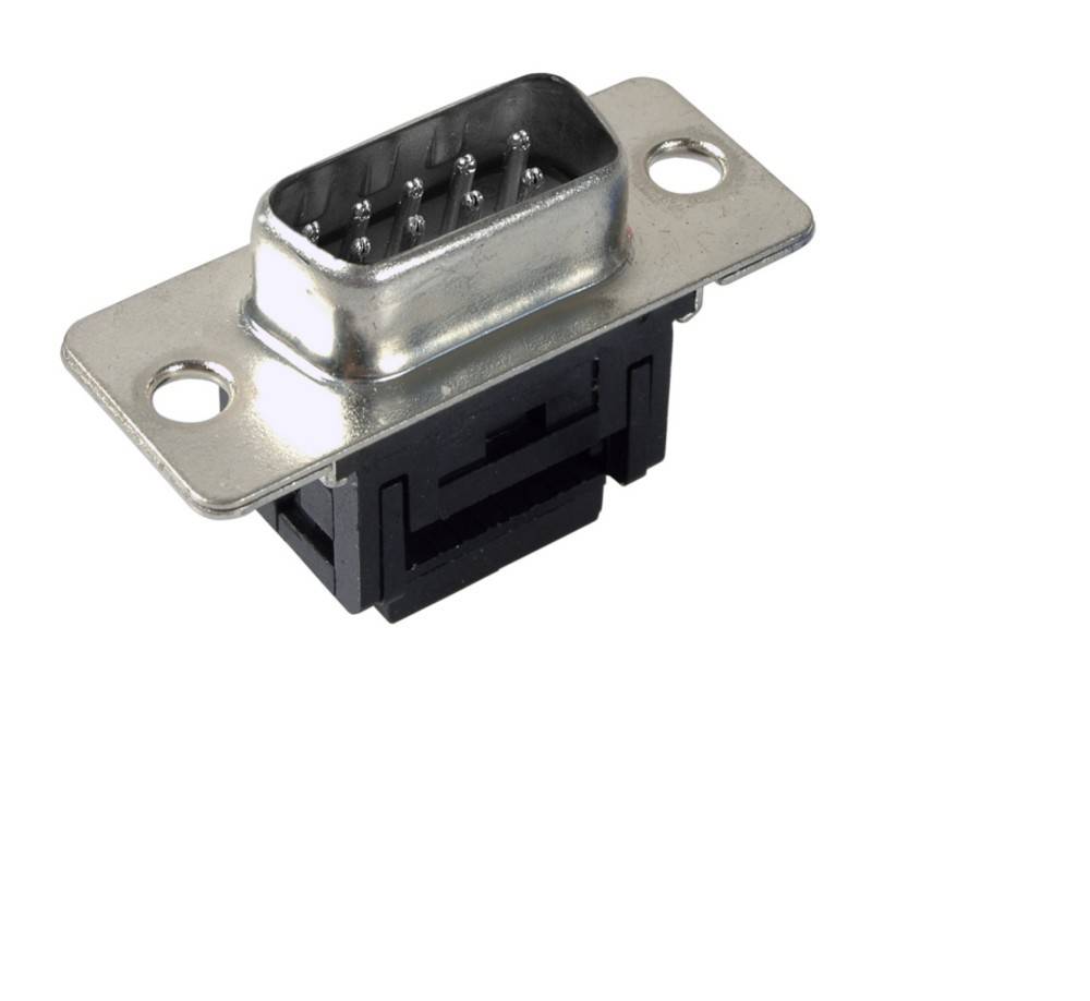 Ein Metall-D-Sub-Steckverbinder mit fünf Pins und Befestigungslöchern auf beiden Seiten wird auf weißem Hintergrund dargestellt, der üblicherweise für elektronische Geräte verwendet wird.