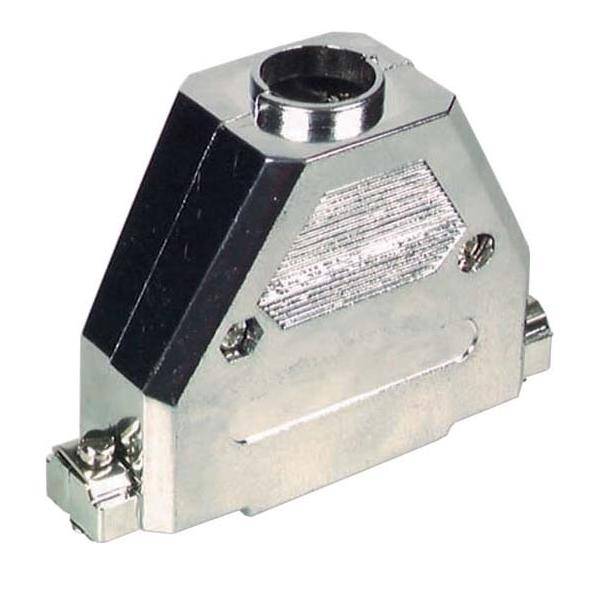 Metallisches D-Sub-Anschlussgehäuse, silberfarben mit sechseckiger Form, verwendet für elektronische Geräteverbindungen, ausgestattet mit Befestigungsschrauben.