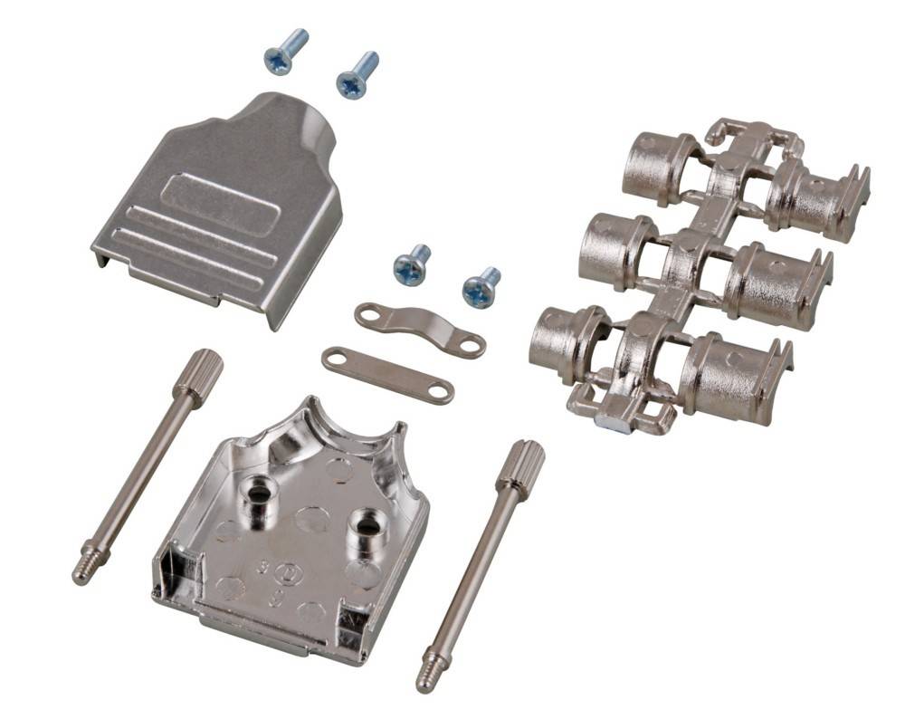 Ein Metallsteckverbinder-Set mit verschiedenen Komponenten wie Schrauben, Steckern und Buchsen, geeignet für Elektroinstallationen.