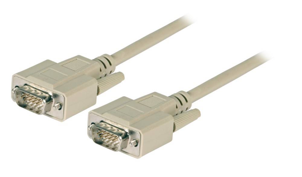 Ein beige VGA-Kabel mit männlichen Anschlüssen an beiden Enden, ausgestattet mit 15 Pins, das üblicherweise zum Anschluss von Monitoren an Computer verwendet wird.