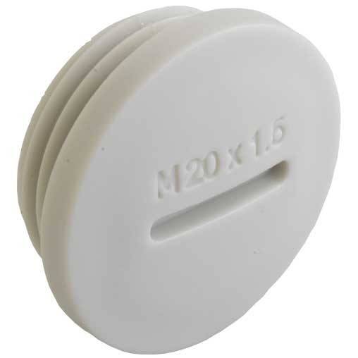 Ein weißer, runder Kunststoffstopfen mit der Aufschrift 'M20 x 1.5', die auf der Oberfläche eingeprägt ist, mit einer geschlitzten Gestaltung für einfaches Greifen.