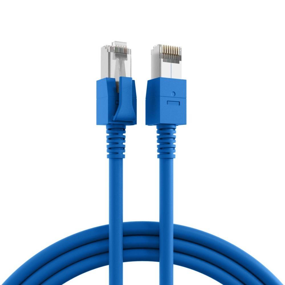 Ein blau Ethernet-Kabel mit zwei Anschlüssen, das für Netzwerkverbindungen und Datenübertragung verwendet wird.