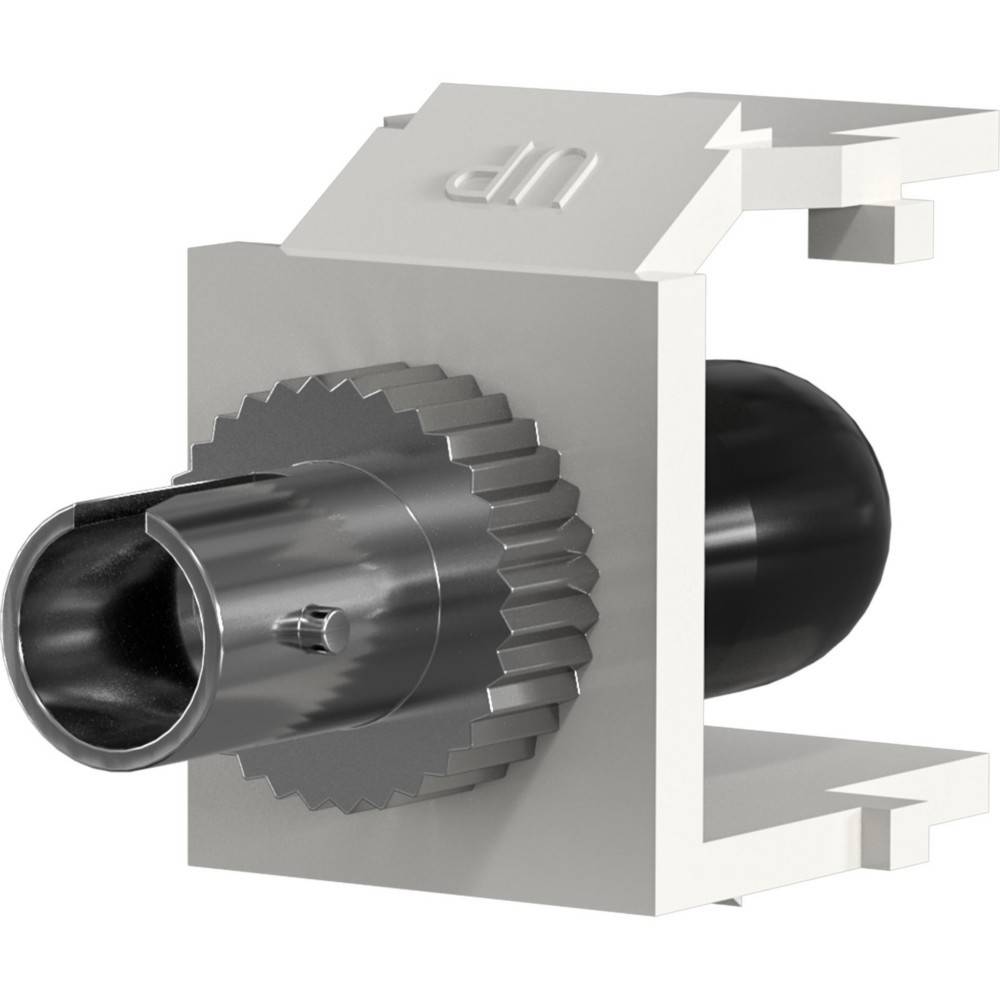 3D-Rendering eines koaxialen Elektrosteckers mit metallischem Frontport und schwarzem Gehäuse auf weißem Hintergrund.