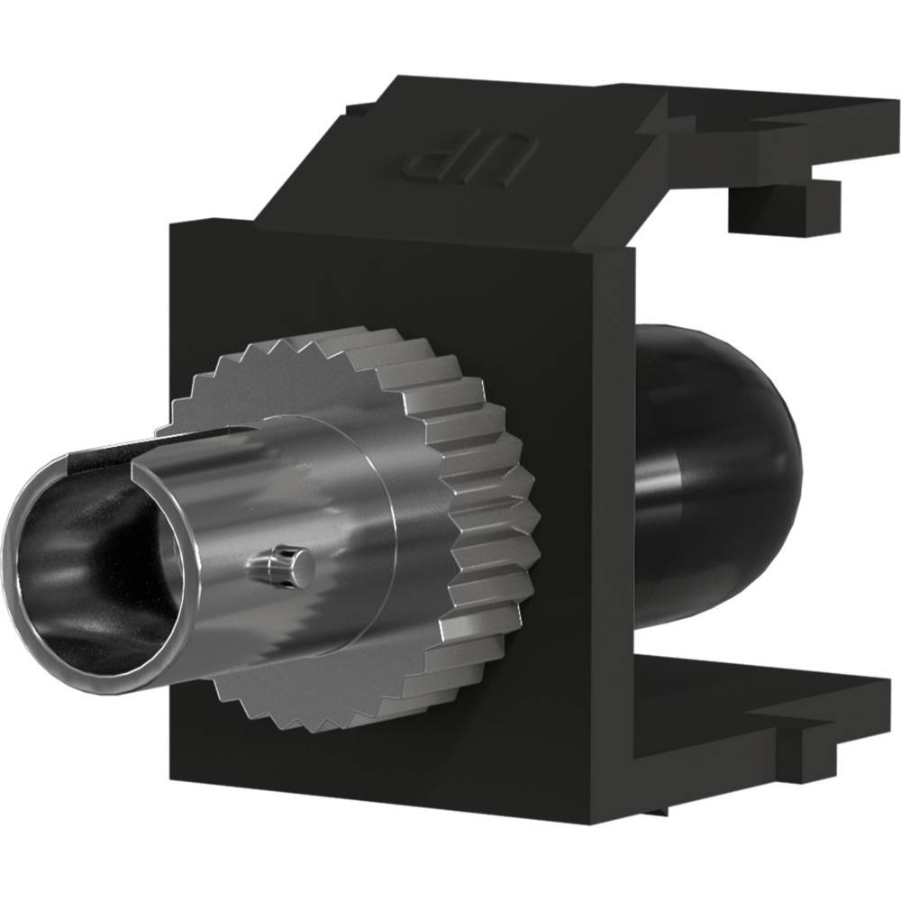 Ein Nahaufnahmebild eines schwarzen geerdeten Koaxial-Anschlussmoduls mit einem metallischen kreisförmigen Anschluss, der in einem schwarzen Gehäuse montiert ist.