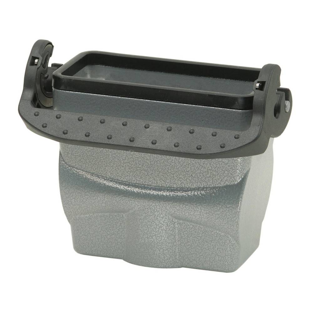 Graue Kunststoff-Aufbewahrungsbox mit rechteckiger Form und angebrachtem Deckel mit Griff und Verschlussklammern.