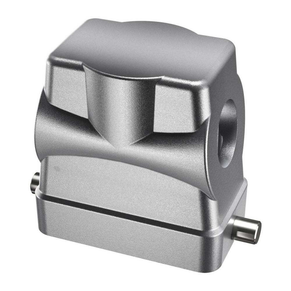 Eine metallische mechanische Komponente mit quadratischer Basis, abgerundeter Oberseite und seitlicher Öffnung, wahrscheinlich für industrielle oder maschinenbauliche Zwecke verwendet.