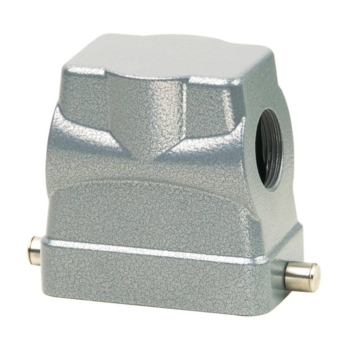 Eine metallische industrielle Anschlusshaube mit rechteckiger Form und seitlicher Gewindeöffnung, entwickelt für robuste elektrische Verbindungen.