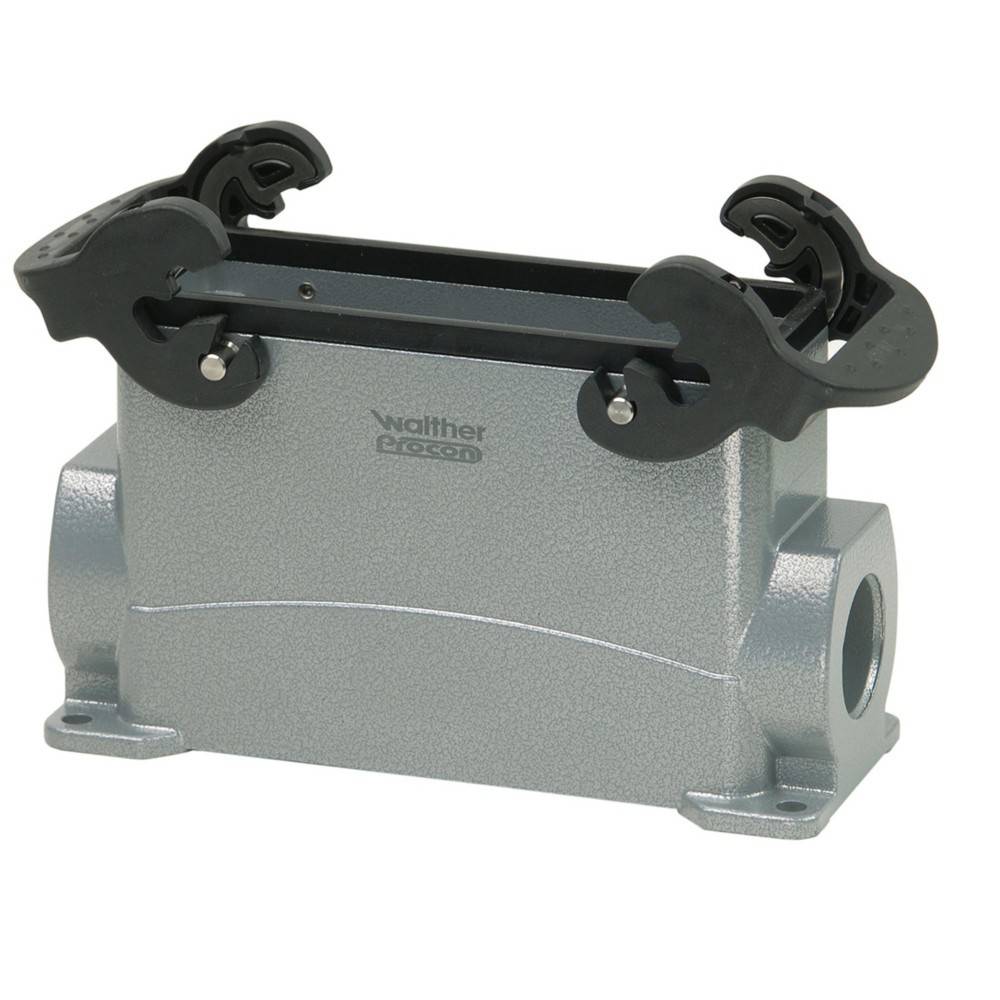 Ein grau industrieller Verbindungsgehäuse mit zwei schwarzen Befestigungshebeln, mit der Markenbezeichnung 