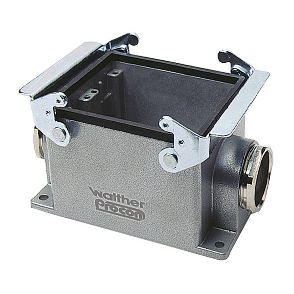 Robuste Stromverteilerdose von Walther Procon, Metallgehäuse mit zwei seitlichen Öffnungen und Deckelverriegelungsmechanismus.