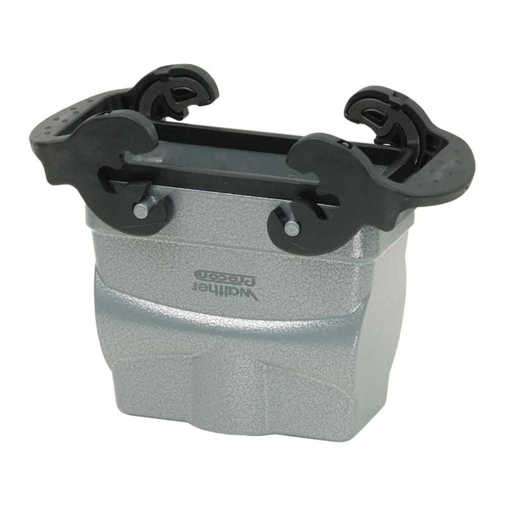 Ein metallischer Halter mit schwarzen, verstellbaren Armen, der zum Befestigen von Werkzeugen oder Geräten konzipiert ist und das Markenlogo von 'Weller' auf seiner Oberfläche trägt.