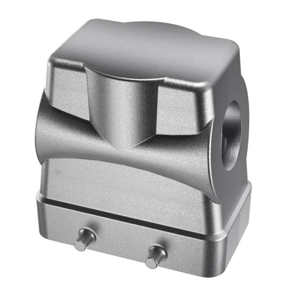 Ein silbernes, rechteckiges, präzise bearbeitetes Metallbauteil mit einer gebogenen Oberseite, das zwei kleine zylindrische Vorsprünge an der Unterseite aufweist.