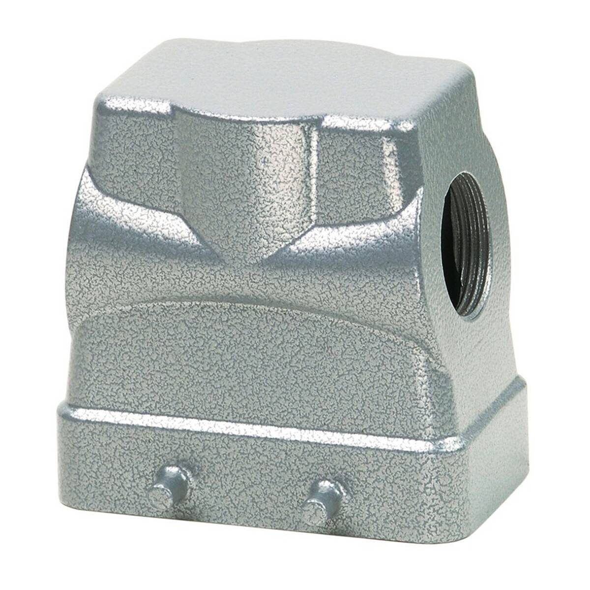 Ein metallisches, industrielles Anschlussgehäuse mit Silberfinish, das eine einzelne Gewindebohrung an der Seite für Kabeleinführung aufweist.