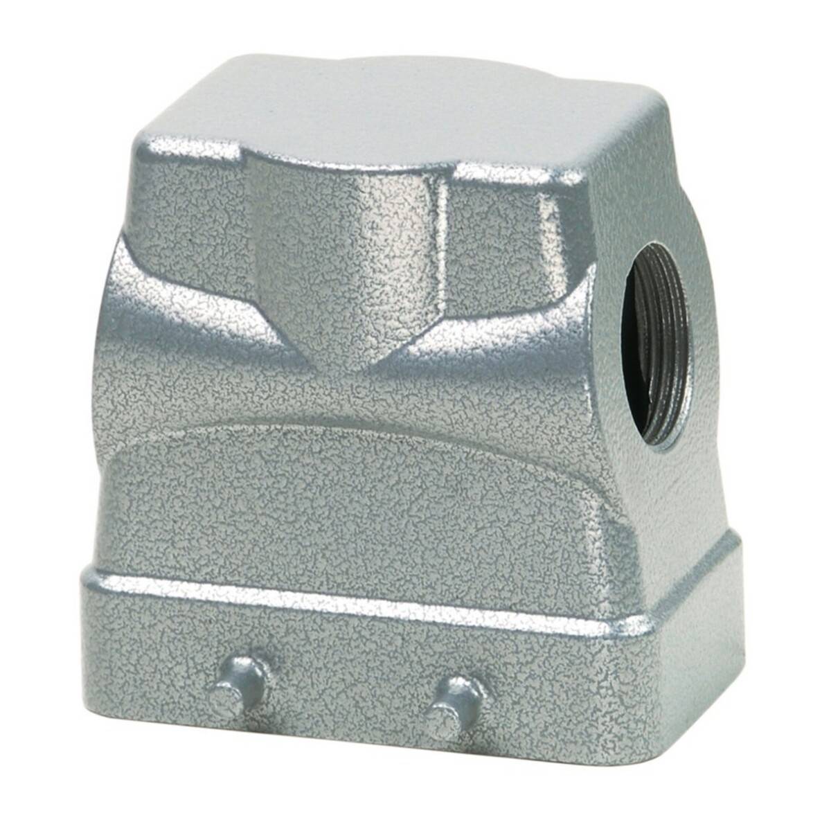 Ein rechteckiger, metallisch grauer Anschlussverbinder mit strukturierter Oberfläche und Befestigungsschrauben am unteren Rand.