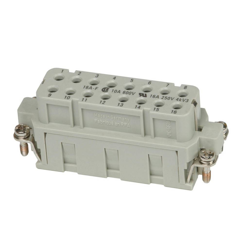 Ein rechteckiger elektrischer Anschluss mit beschrifteten Löchern für die Verkabelung, gekennzeichnet mit '16A' und '600V', enthält Schrauben an jeder Seite zur Befestigung.