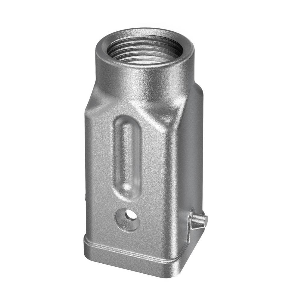 Silberner metallischer Verbinder mit Gewindeanschluss und zwei Löchern, eines größer am unteren Ende und ein kleineres in der mittleren Sektion, vor einem weißen Hintergrund.