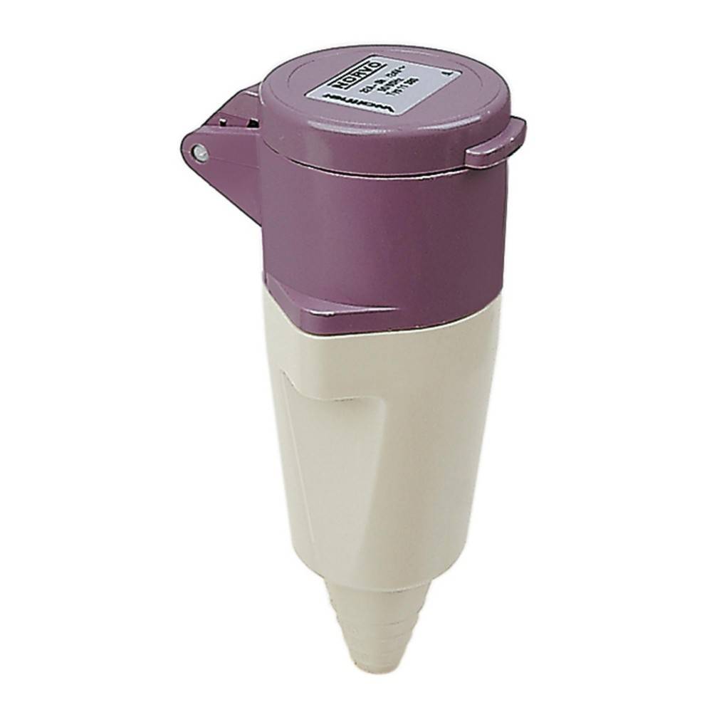 Ein lila und weißer zylindrischer industrieller Stecker von der Marke 'Hubbell', der für elektrische Verbindungen konzipiert ist und eine robuste, sichere Bauweise aufweist.