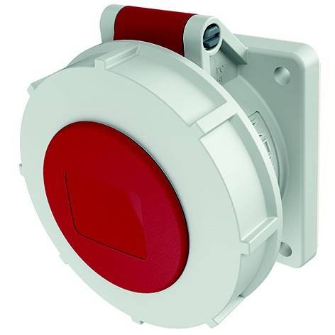 Weiße industrielle Elektrosteckdose mit roter Abdeckung und Wandbefestigungsbasis, in Nahaufnahme gezeigt.