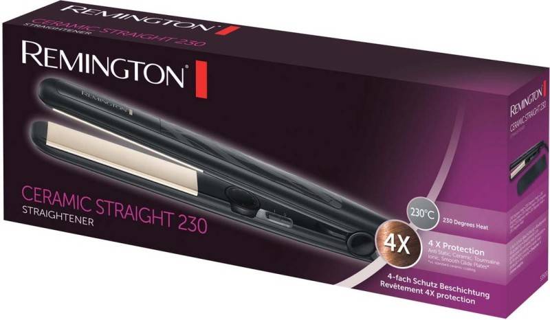 Remington Straight 230 Haarglätter Verpackung mit Produktabbildung und Funktionen wie maximaler Temperatur von 230°C und 4-facher Schutzschicht.