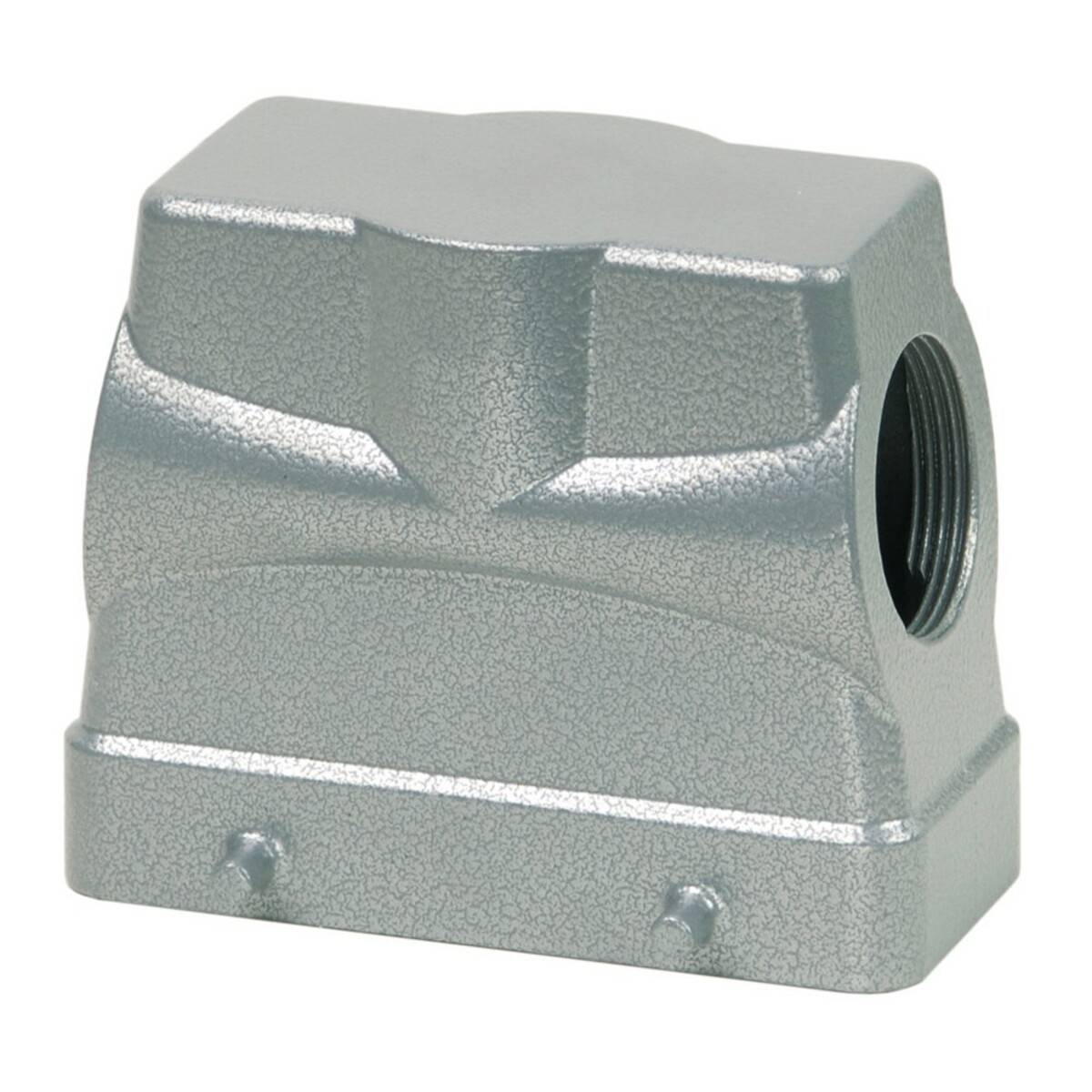 Grauer Metall-Anschlussdeckel mit einer Schraubloch an jeder Seite zur Befestigung, ausgestattet mit einer strukturierten Oberfläche und einer rechteckigen Öffnung.