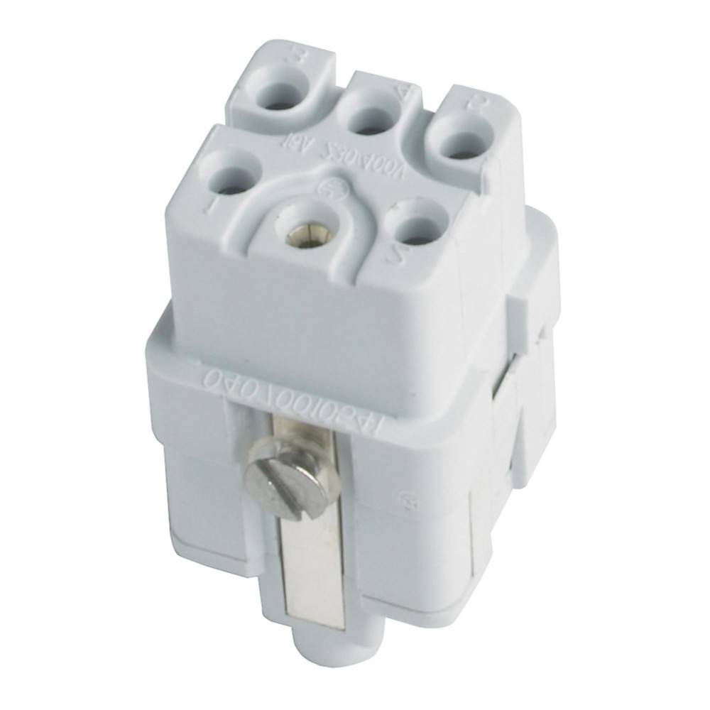 Ein weißer elektrischer Verbinder mit drei Drahtlöchern oben und einer zentralen Schraube zum Sichern von Drähten, konzipiert für elektrische Installationen.