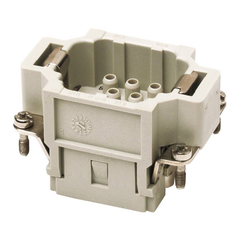 Ein industrielles Steckverbindergehäuse mit Befestigungsschrauben und mehreren Eingangssteckplätzen, entwickelt für robuste elektrische Verbindungen.