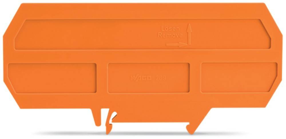 Ein orangefarbenes Werkzeug mit einem Pfeil und den Worten 'Losen Remove', das zum Lösen von Komponenten verwendet wird und Kerben und einen rechteckigen Griff aufweist.