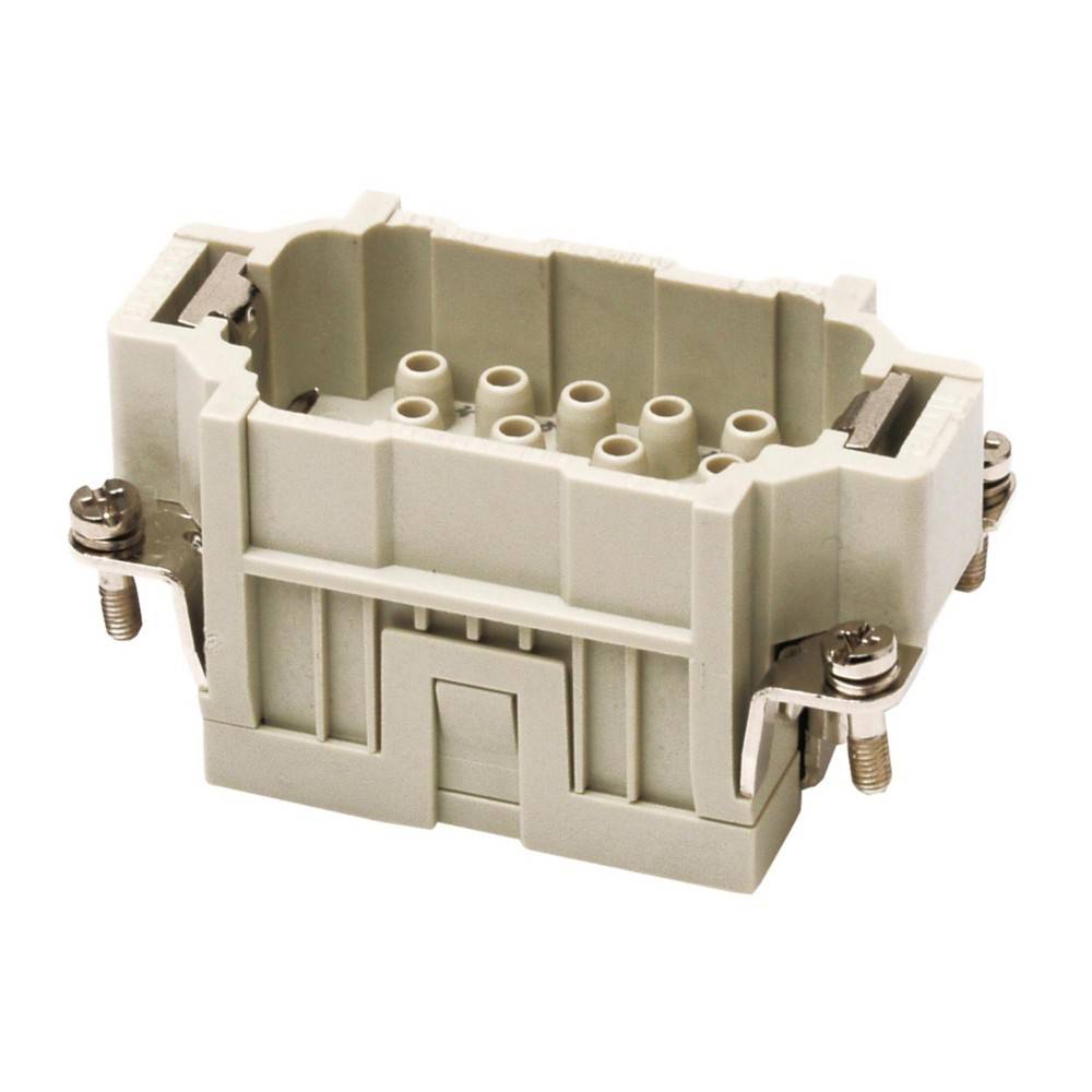Rechteckiger beige Elektroverbinder mit mehreren Pinhöhlen, Metallklammern an den Seiten, verwendet für industrielle Verkabelungsanwendungen.