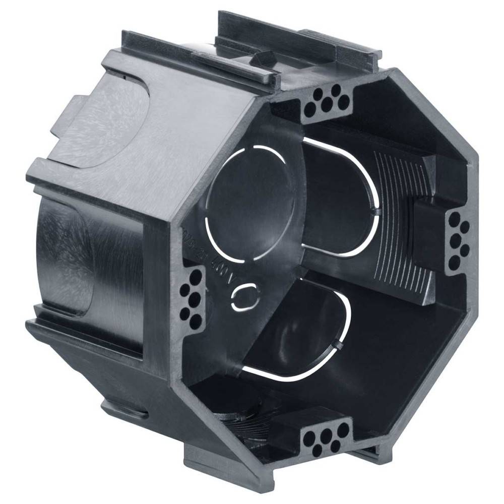 Schwarze, oktogonale Elektro-Verteilerdose aus Kunststoff mit mehreren Öffnungen und Schraublöchern, konzipiert zur Aufnahme und Verbindung von Kabeln.