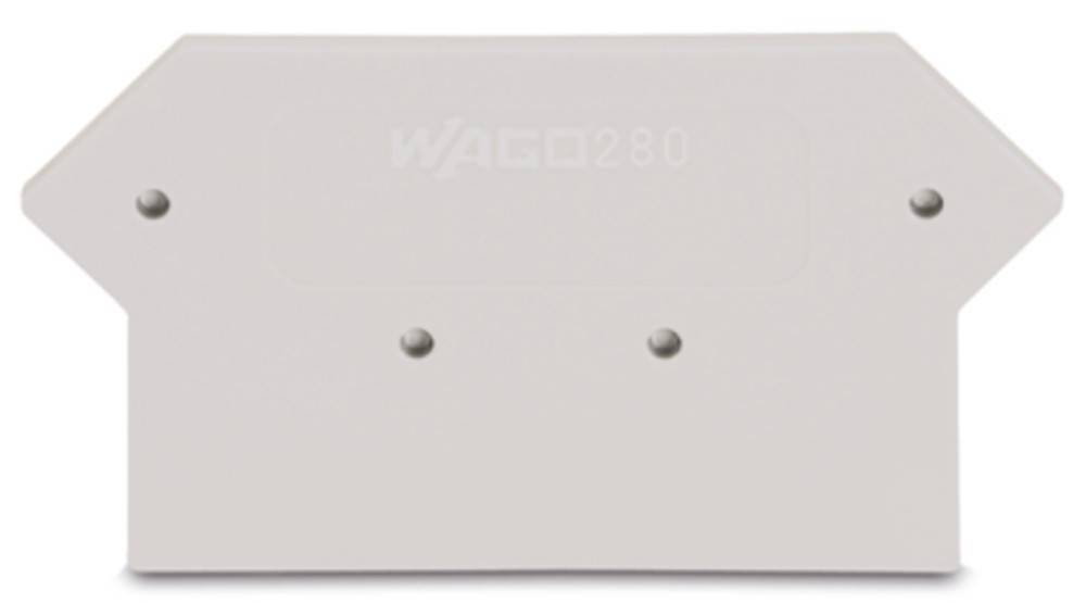 „Ein weißer Wago 280 Elektroverbinder mit zwei sichtbaren Schraubpunkten auf einem einfarbigen Hintergrund.